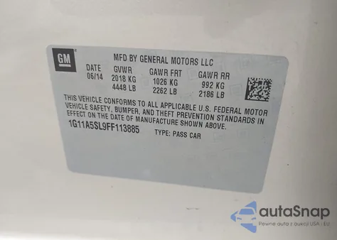 2015 Chevrolet Malibu 1Fl из США, поврежденный, VIN 1G11A5SL9FF113885